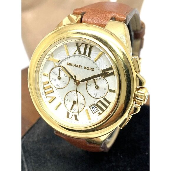 Michael Kors Women's Watch MK2266 Quartz Gold Silver Dial Leather Band 43mm - Picture 1 of 13
